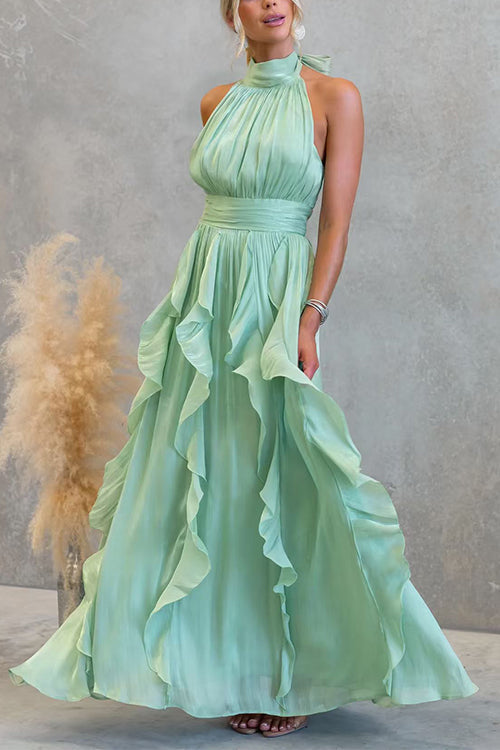 Halter Neck Ruffle Flowy Maxi Dress