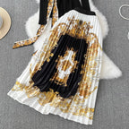 Black Sweater&Printed Pleated Skirt 2Pcs