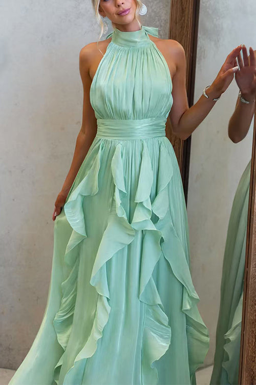 Halter Neck Ruffle Flowy Maxi Dress