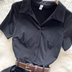 Polo Collar Pleated Black Shirt Dress