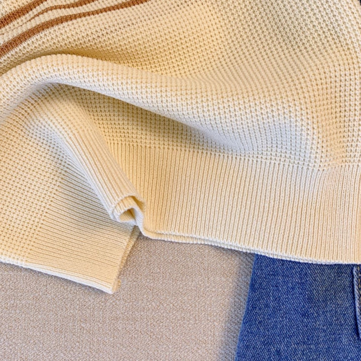 Lapeled Color-blocked Striped Knitted Top