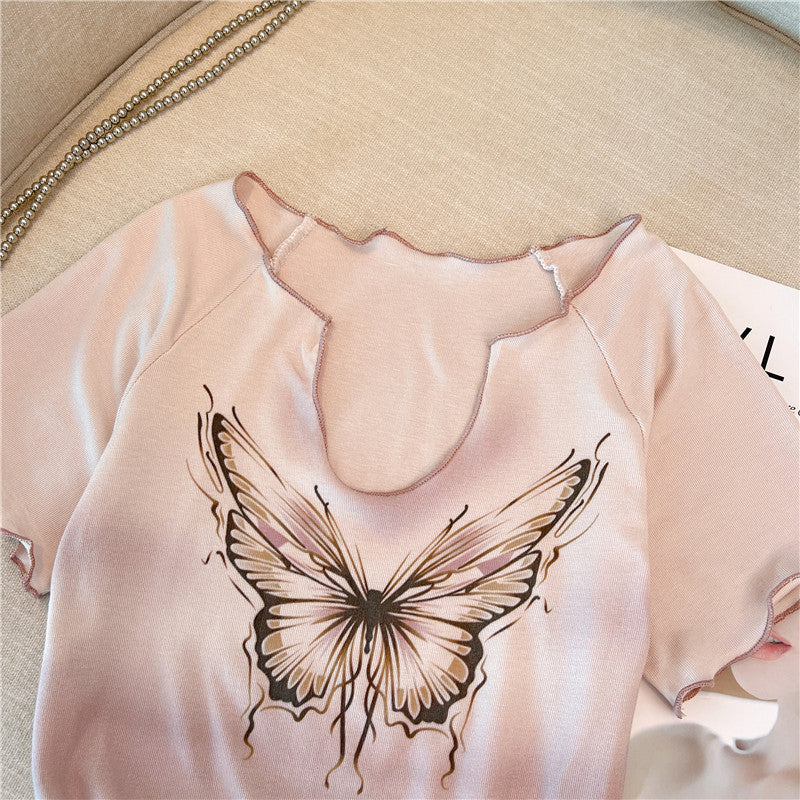 Vintage Open Neckline Printed T-shirt