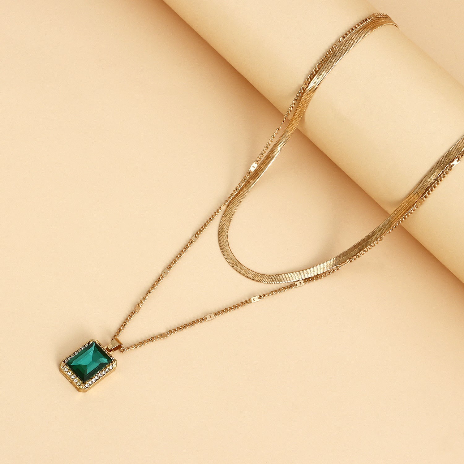 Imitation Gemstone Pendant Double-layer Necklace