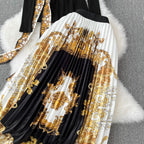 Black Sweater&Printed Pleated Skirt 2Pcs
