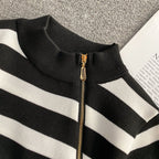 Color Blocking Striped Slant Zipped Top