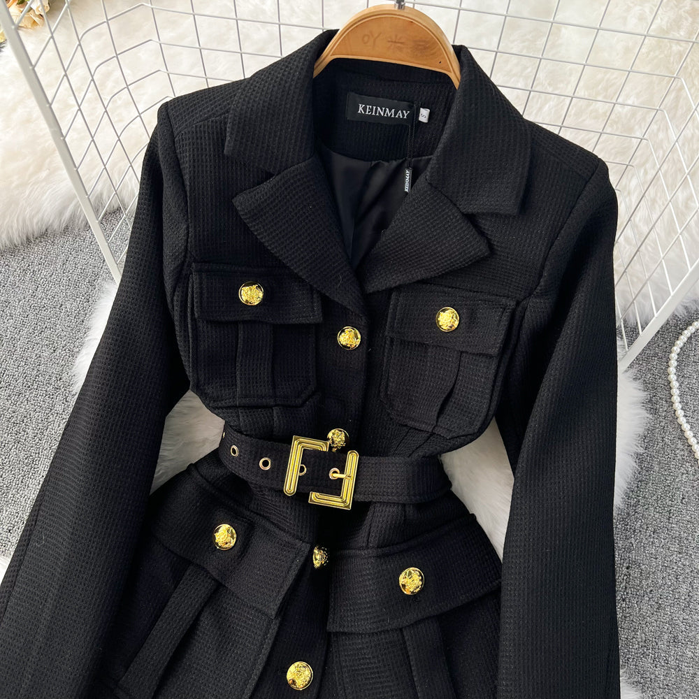 Metal Double-breasted Suit Jakcet with Waistbelt