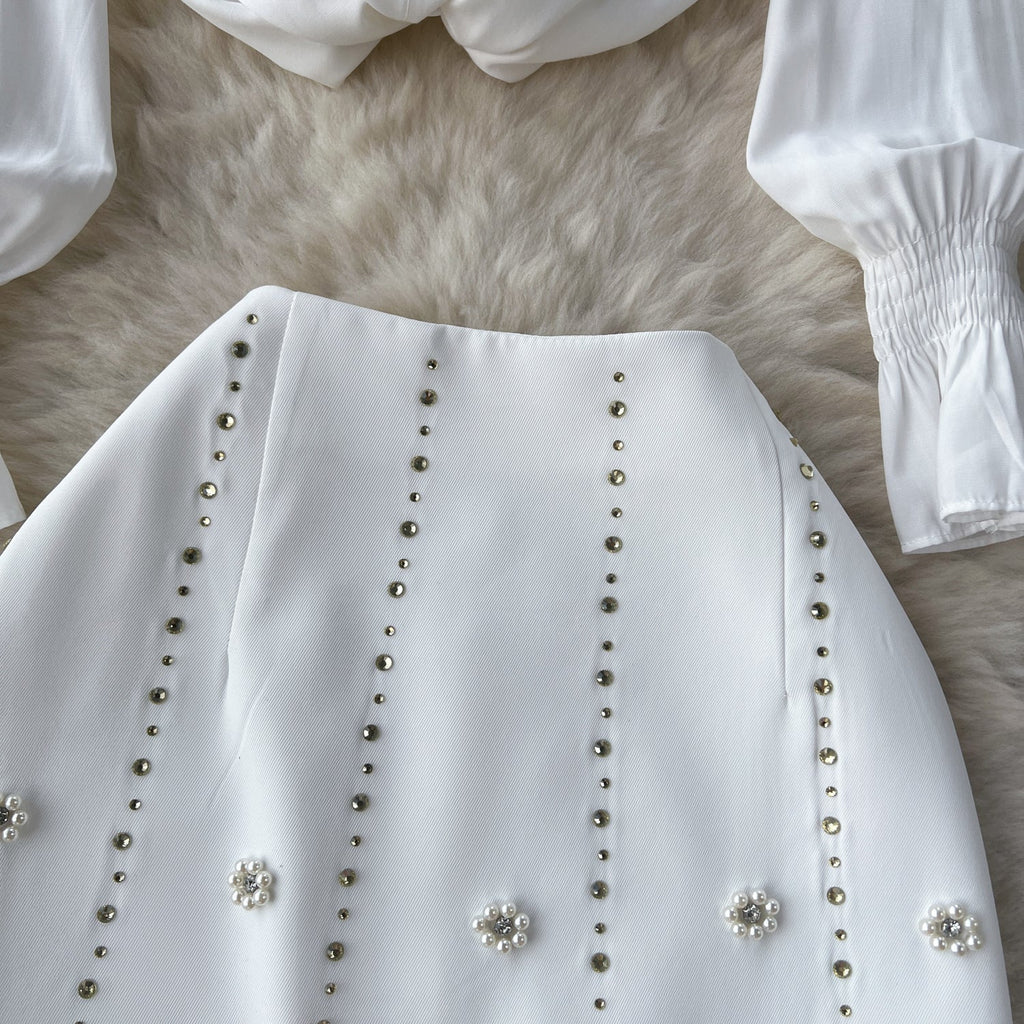 Bow-tie Shirt&Beaded Skirt 2Pcs