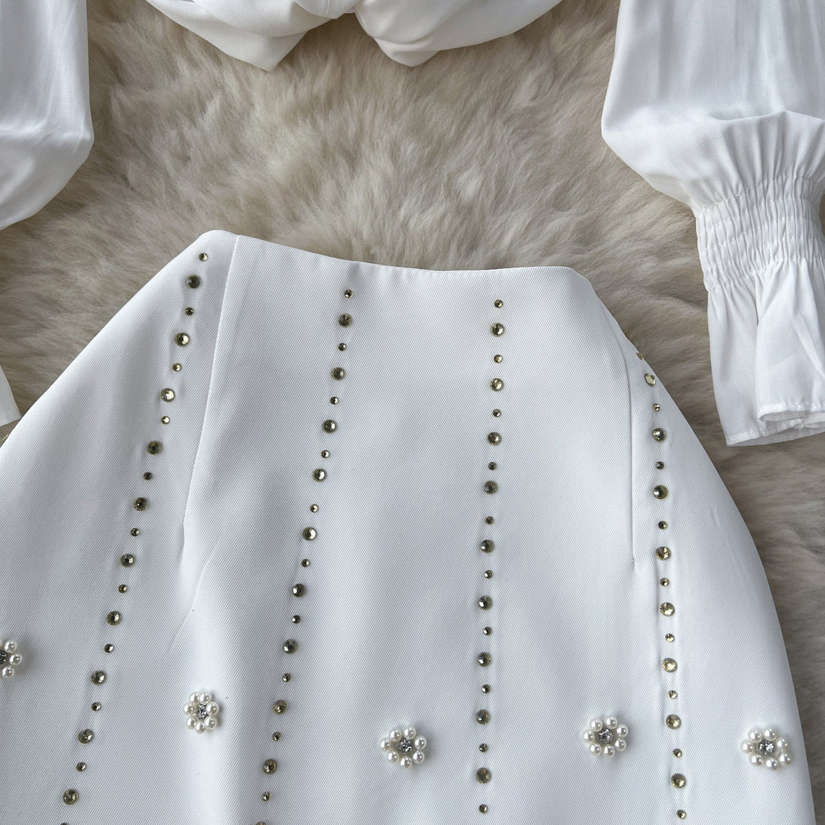Bow-tie Shirt&Beaded Skirt 2Pcs