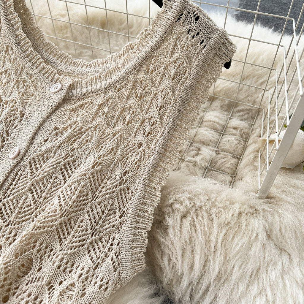 Crochet Sleeveless Cardigan&Trousers Knitted 2Pcs