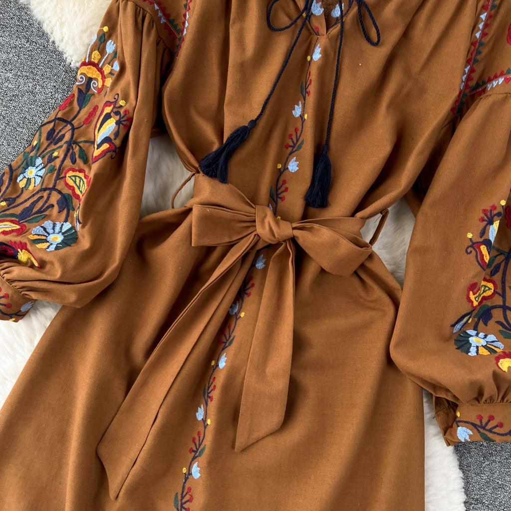 Bohemia Lace-up Embroidered Floral Dress