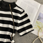Color Blocking Striped Slant Zipped Top