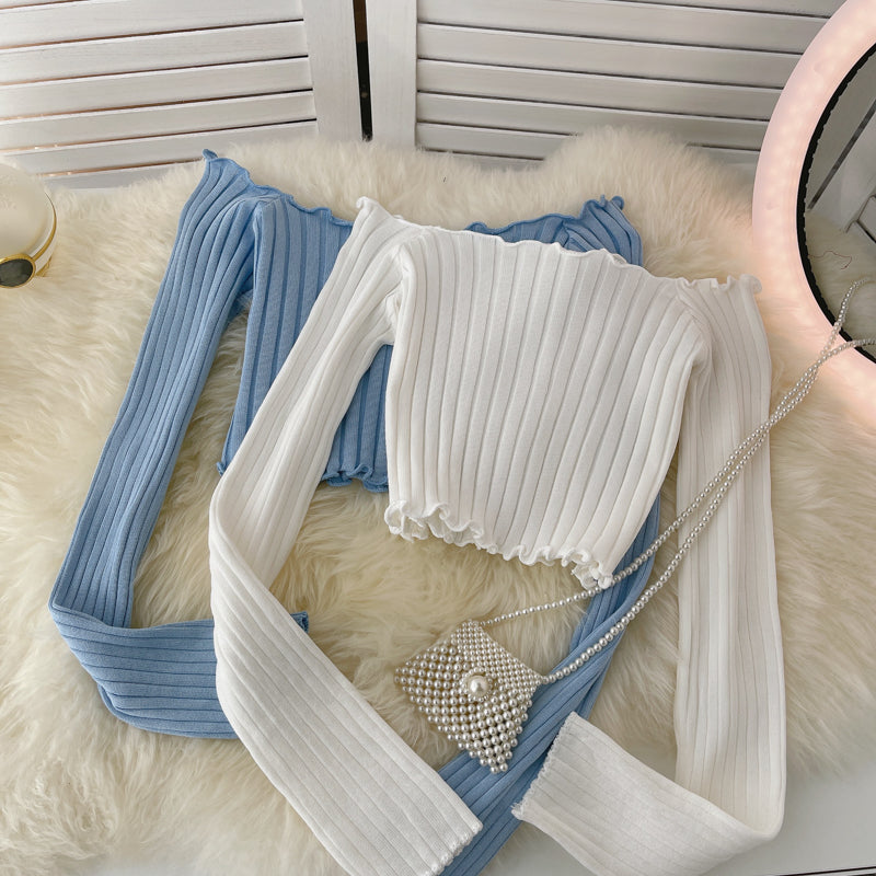Strapless Navel Knit Long Sleeve T-shirt
