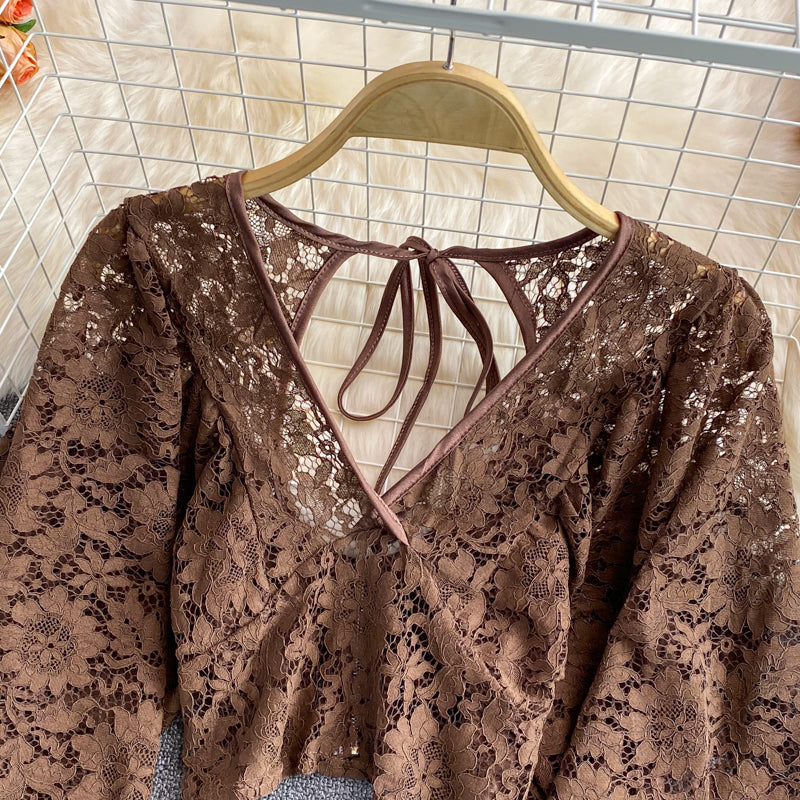 V-neck Open-back Cutout Crochet Lace Shirt