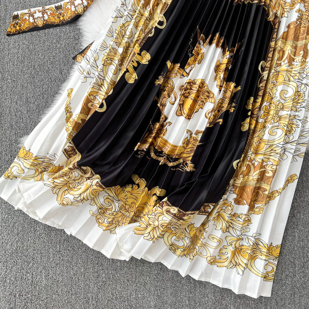 Black Sweater&Printed Pleated Skirt 2Pcs
