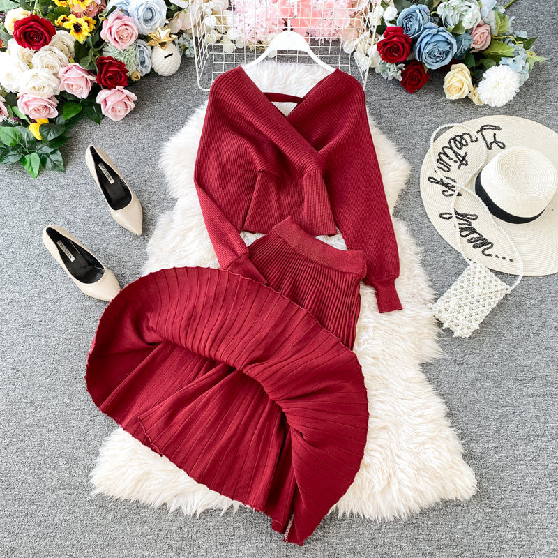 Two-piece Bright Silk Knitted Sweater + Skirt
