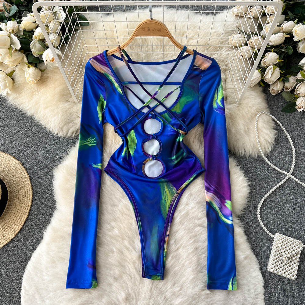 Tie-dye Lace-up Long-sleeved Jumpsuit