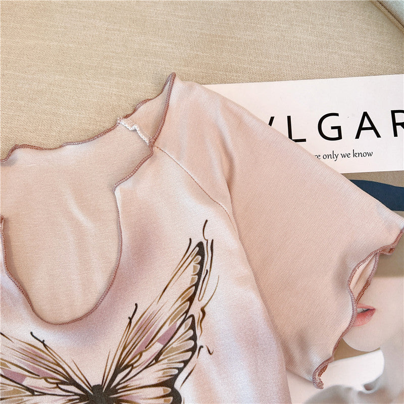 Vintage Open Neckline Printed T-shirt