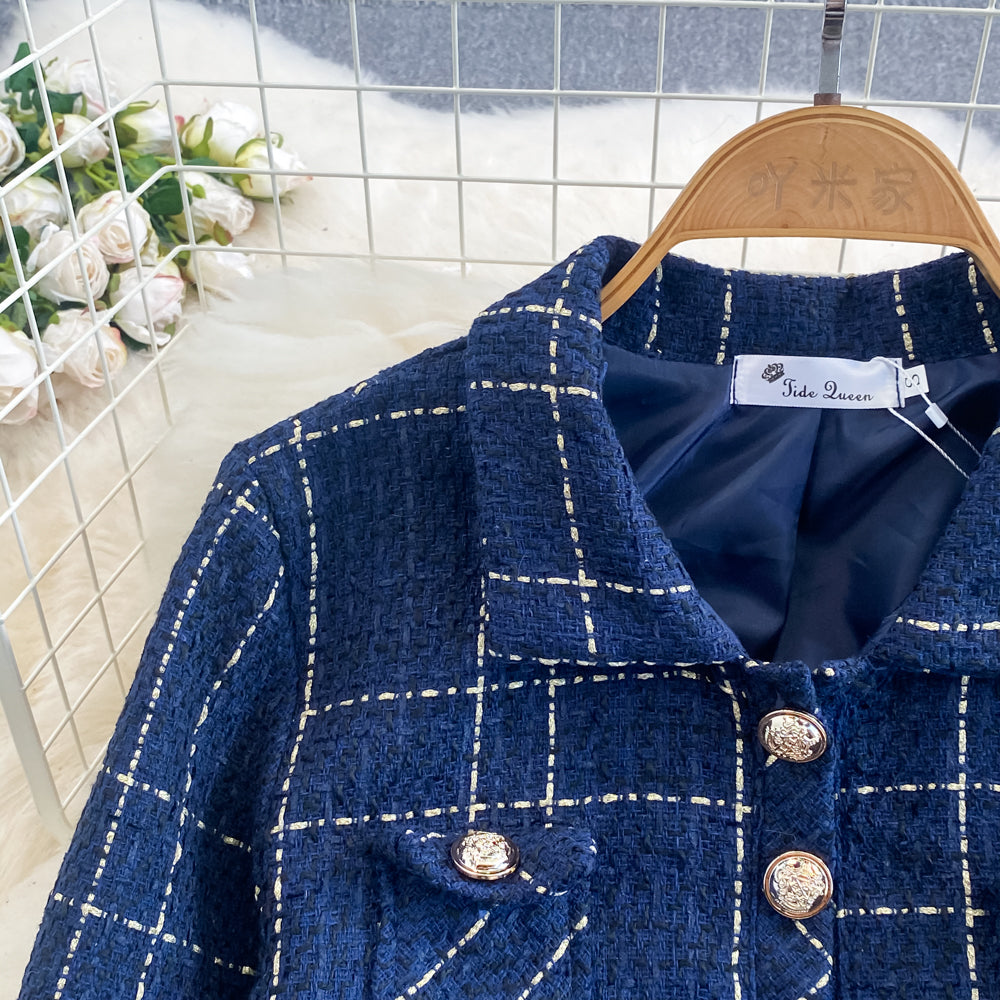 Tweed Plaid Blazer&Skirt 2Pcs