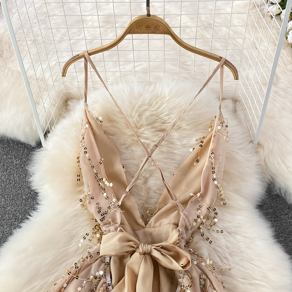 V-neck Backless Sequin Slip Dress