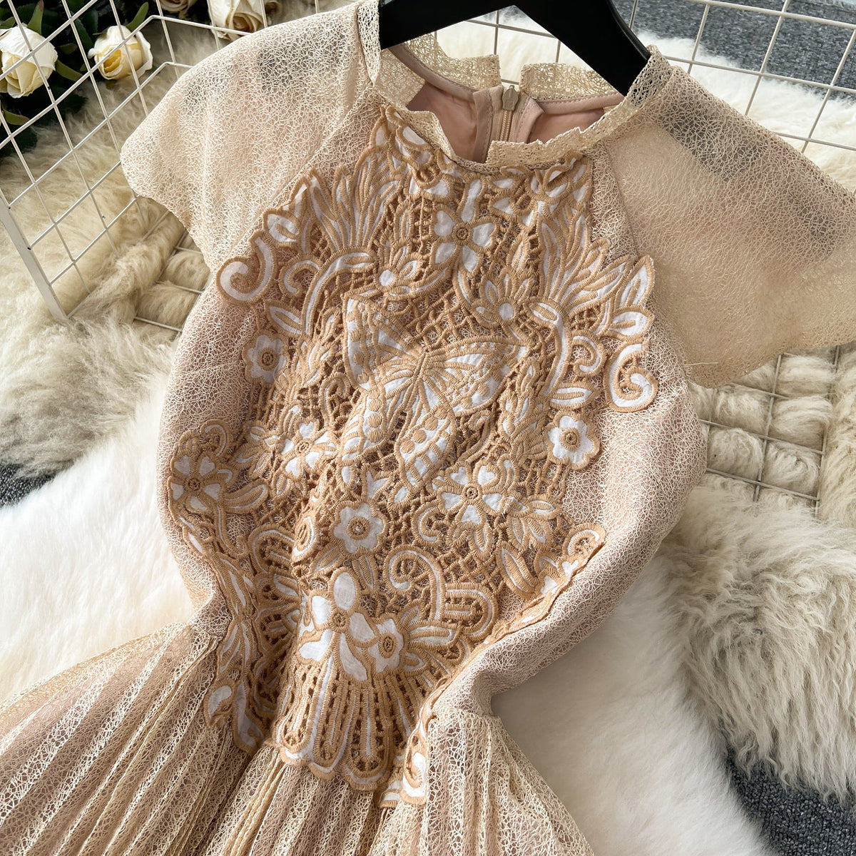 Vintage Floral Embroidered Pleated Dress