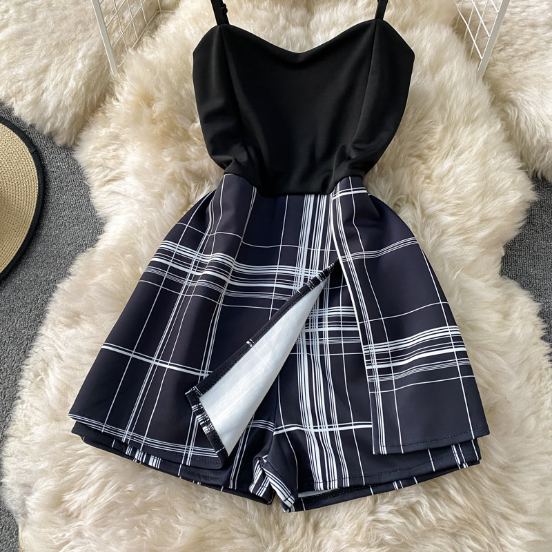 Patchwork Plaid Fake Two-Piece Sling Jumpsuit