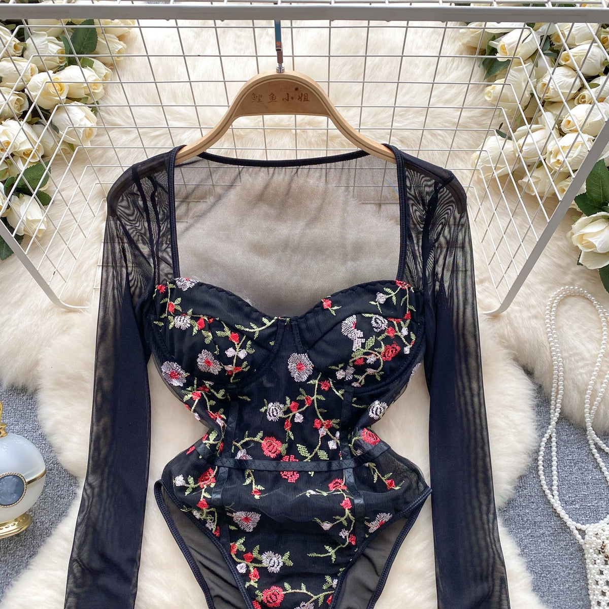 Slim-fit Floral Embroidery Black Romper