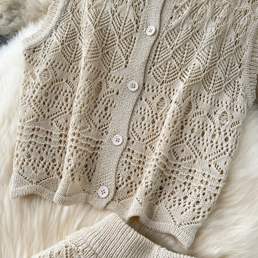 Crochet Sleeveless Cardigan&Trousers Knitted 2Pcs
