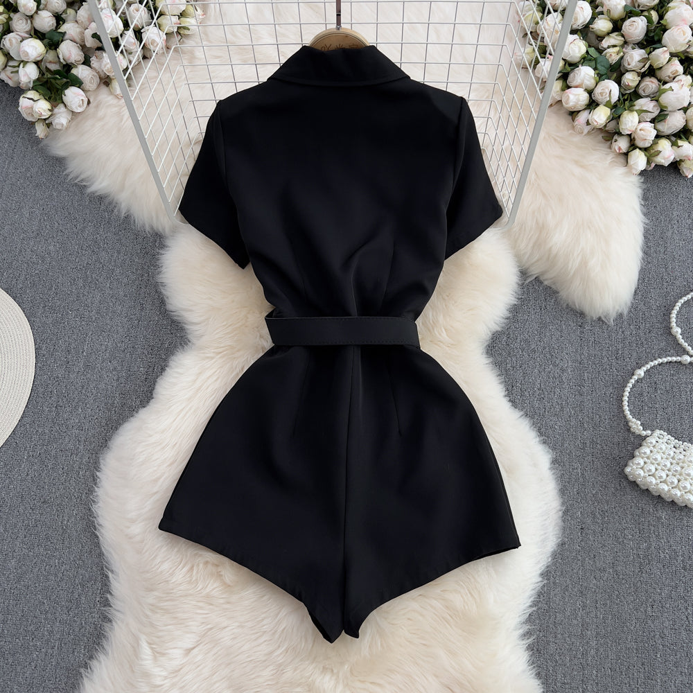 Chic Lapeled Short-sleeve Black Jumpsuit