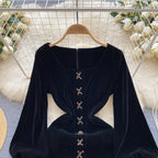 Vintage Square Collar Suede Black Dress