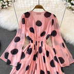 Flared Sleeve Polka Dot Print V-Neck Jumpsuit