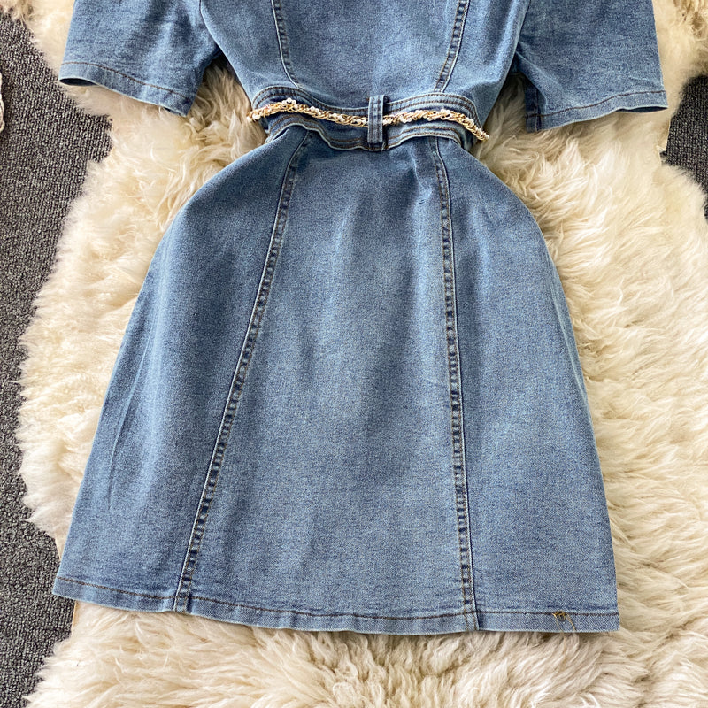 Puff Sleeve Lapel Denim Dress