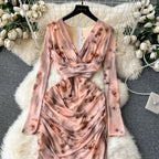 V-neck Pleated Tie-dye Printed Dress