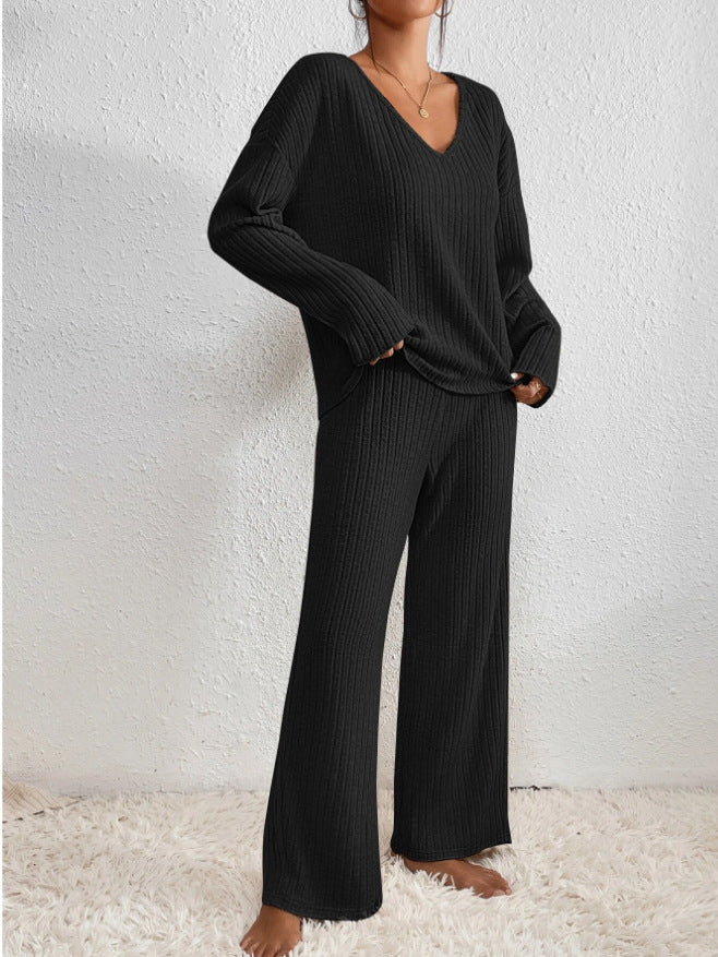 Camila | Ribbed V-Neck Top & Wide-Leg Pant Set