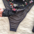 Slim-fit Floral Embroidery Black Romper