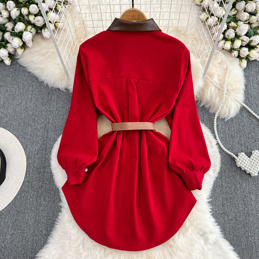 Lapeled Corduroy PU Patchwork Dress