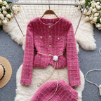 Cardigan&Skirt Plaid Tweed 2Pcs Set