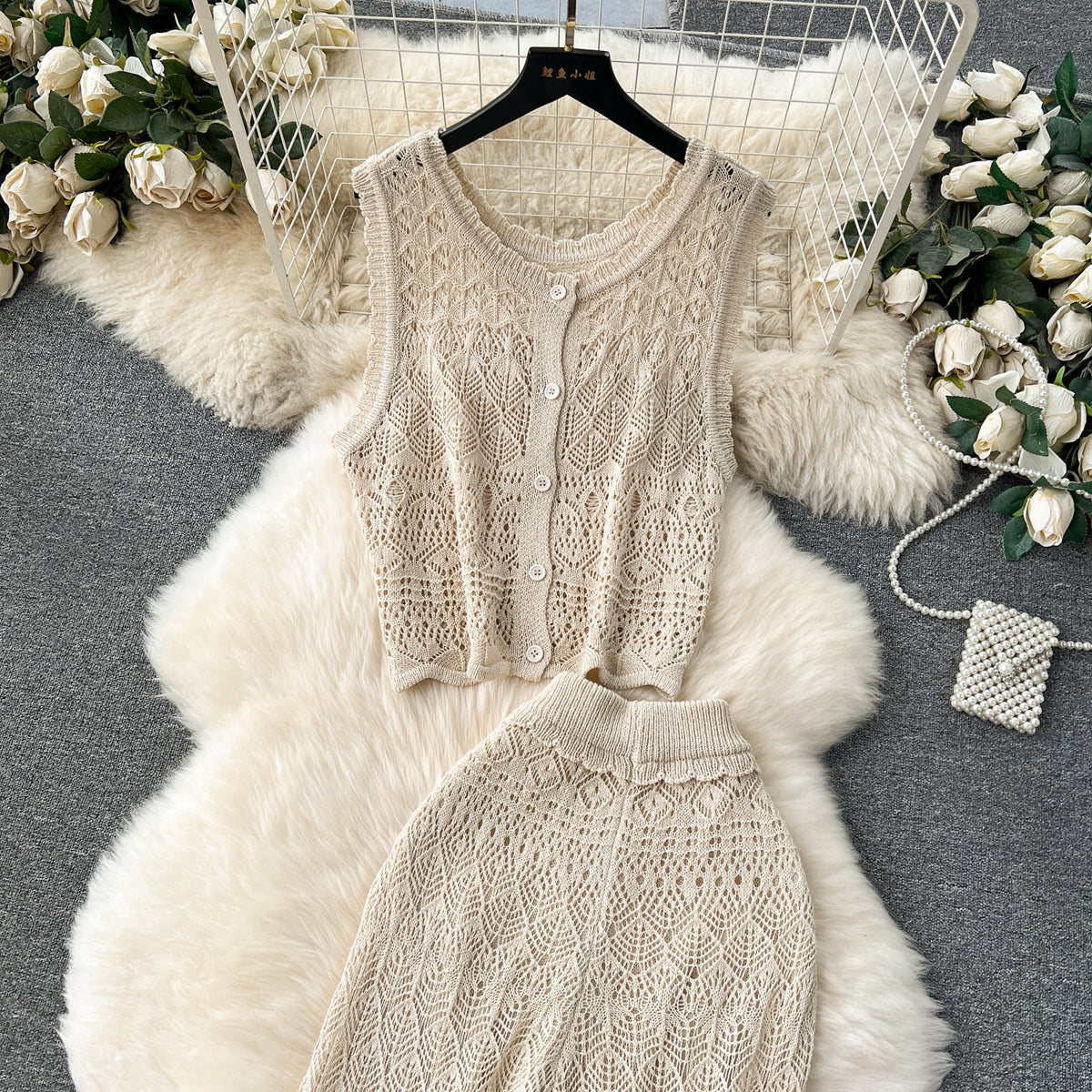 Crochet Sleeveless Cardigan&Trousers Knitted 2Pcs
