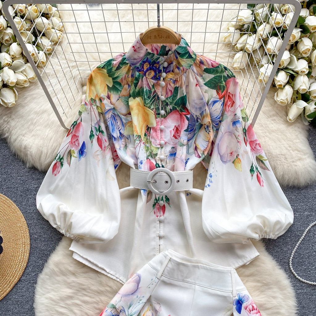 Courtly Floral Printed Shirt&Shorts 2Pcs