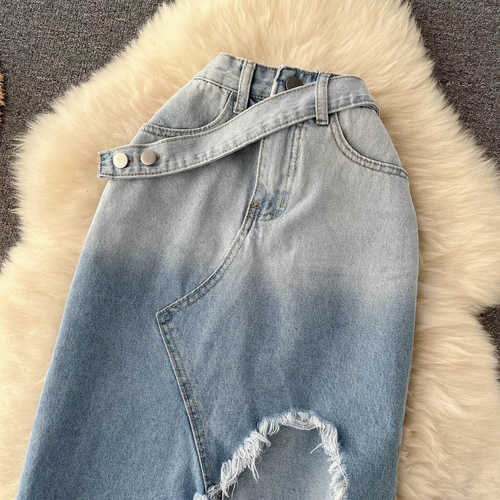 Vintage Irregular Design Fur-hem Denim Skirt