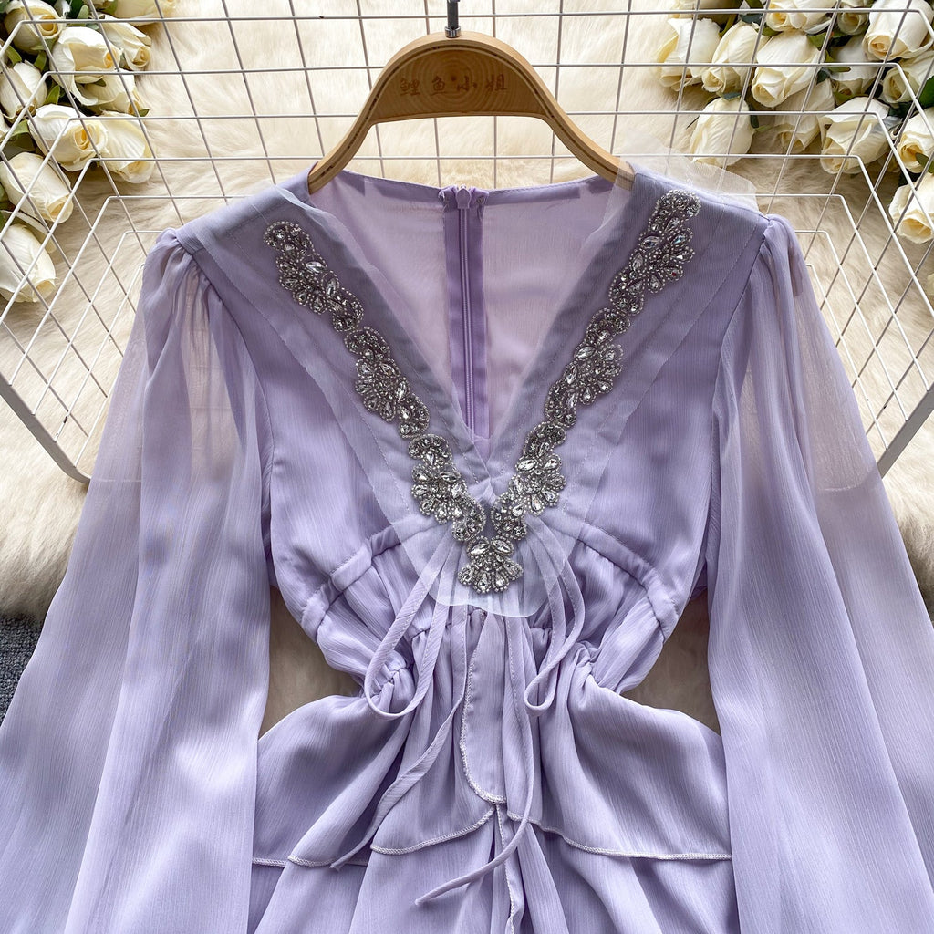 V-neck Beaded Ruffled Chiffon Dress