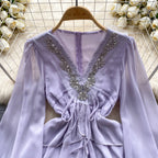 V-neck Beaded Ruffled Chiffon Dress