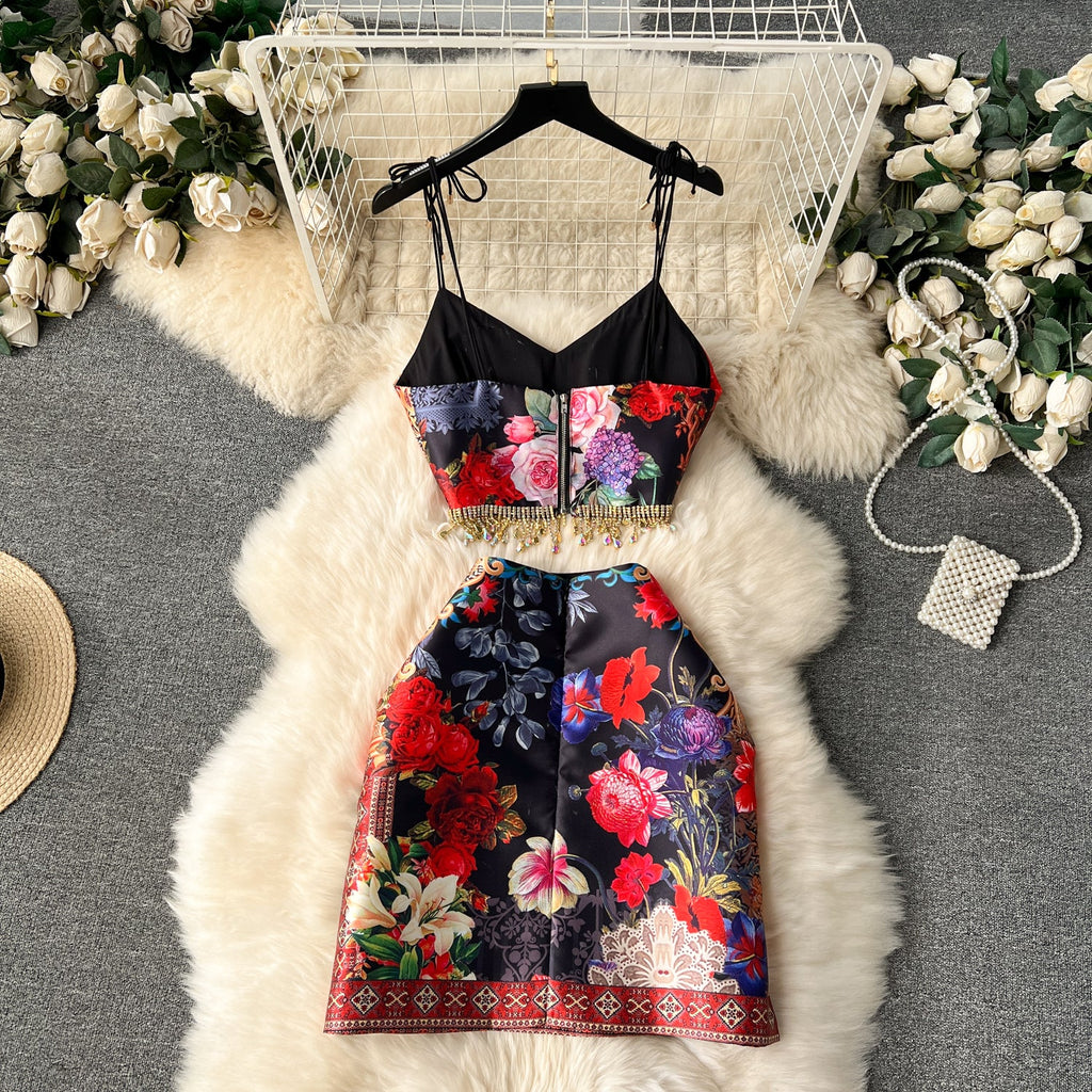 Fringed Camisole&Skirt Floral 2Pcs