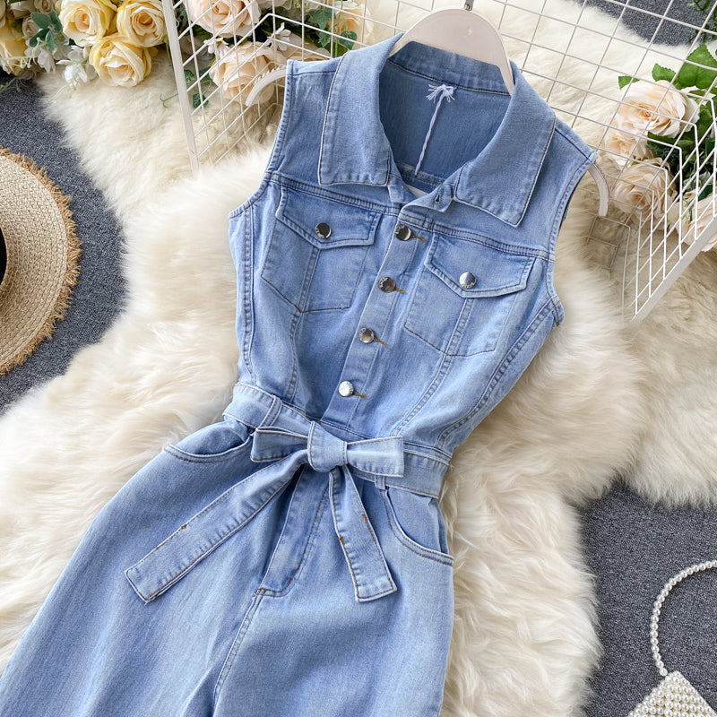 Korean Style Single-breasted Denim Jumpsuit