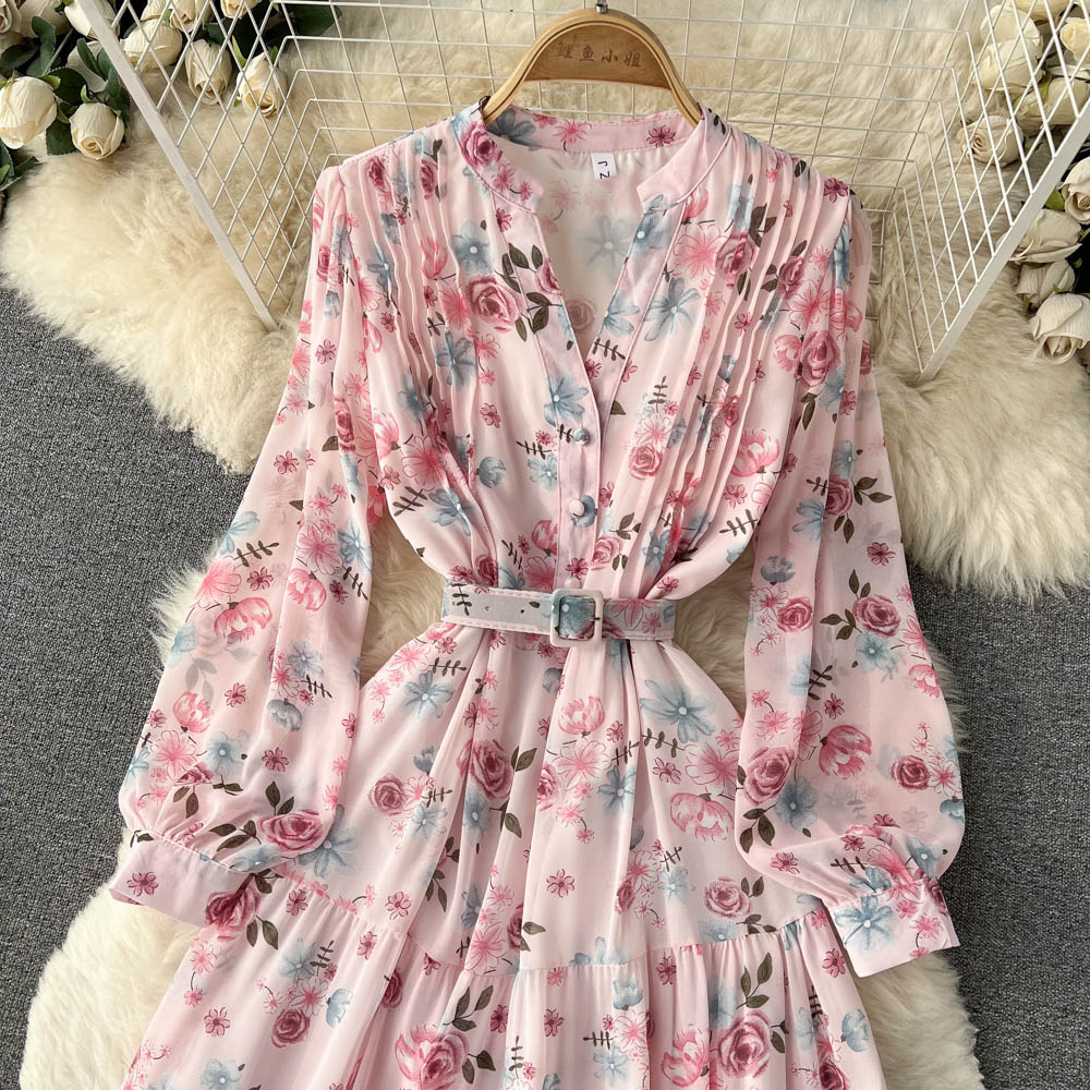 V-neck Chiffon Floral Long-sleeve Dress