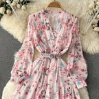 V-neck Chiffon Floral Long-sleeve Dress