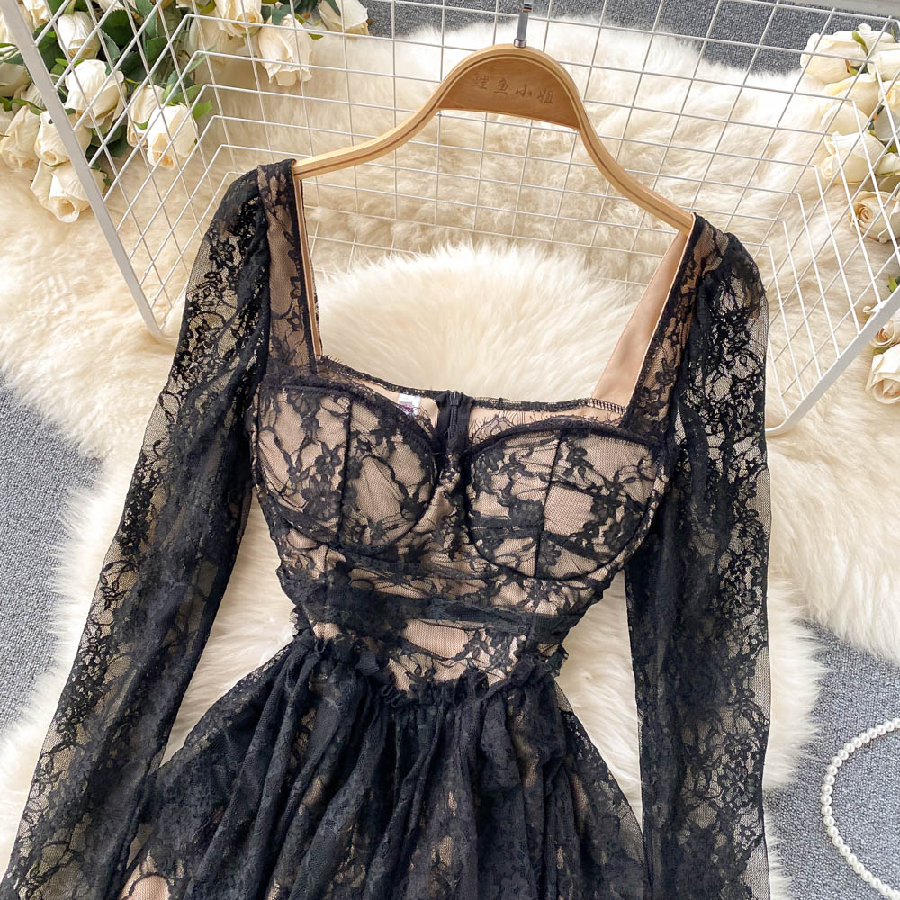 V-neck Lace High Waist Long Sleeve Dress