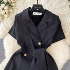 Vintage Lapeled Lace-up Black Dress