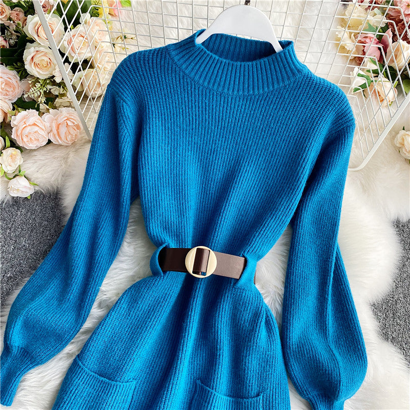 Turtleneck Long Sleeve Knitted Sweater Dress