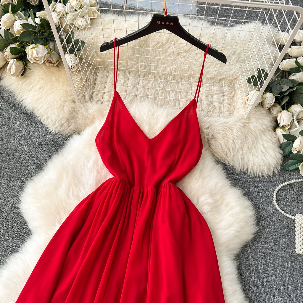V-neck Backless Red Slip Dress