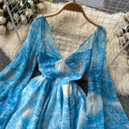Backless Floral V-neck Puffy Dress